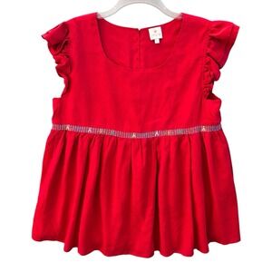 J Marie Top Red Embroidered Blouse Large Boho Ruffle Sleeve Peplum Prairie